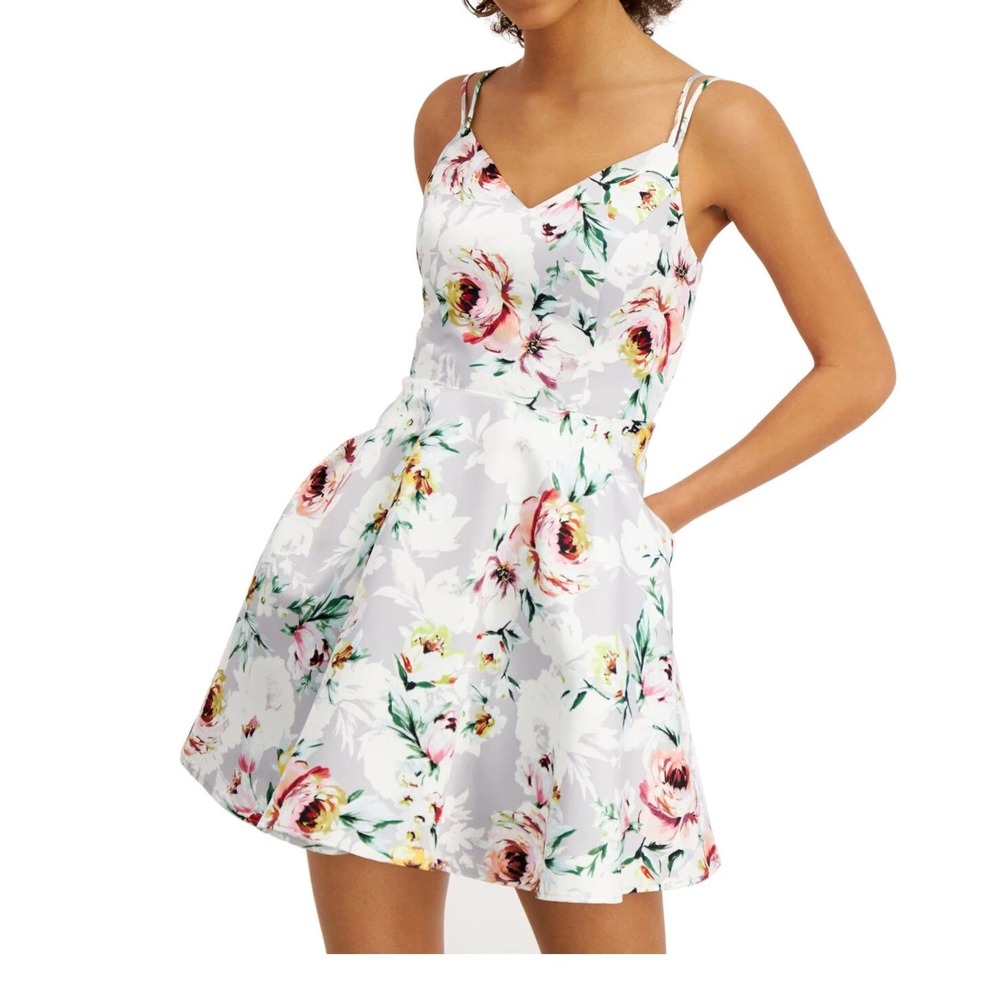 CITY STUDIO Silver/Multi SATIN Pockets FLORAL PRINT Cocktail FIT & FLARE DRESS 0